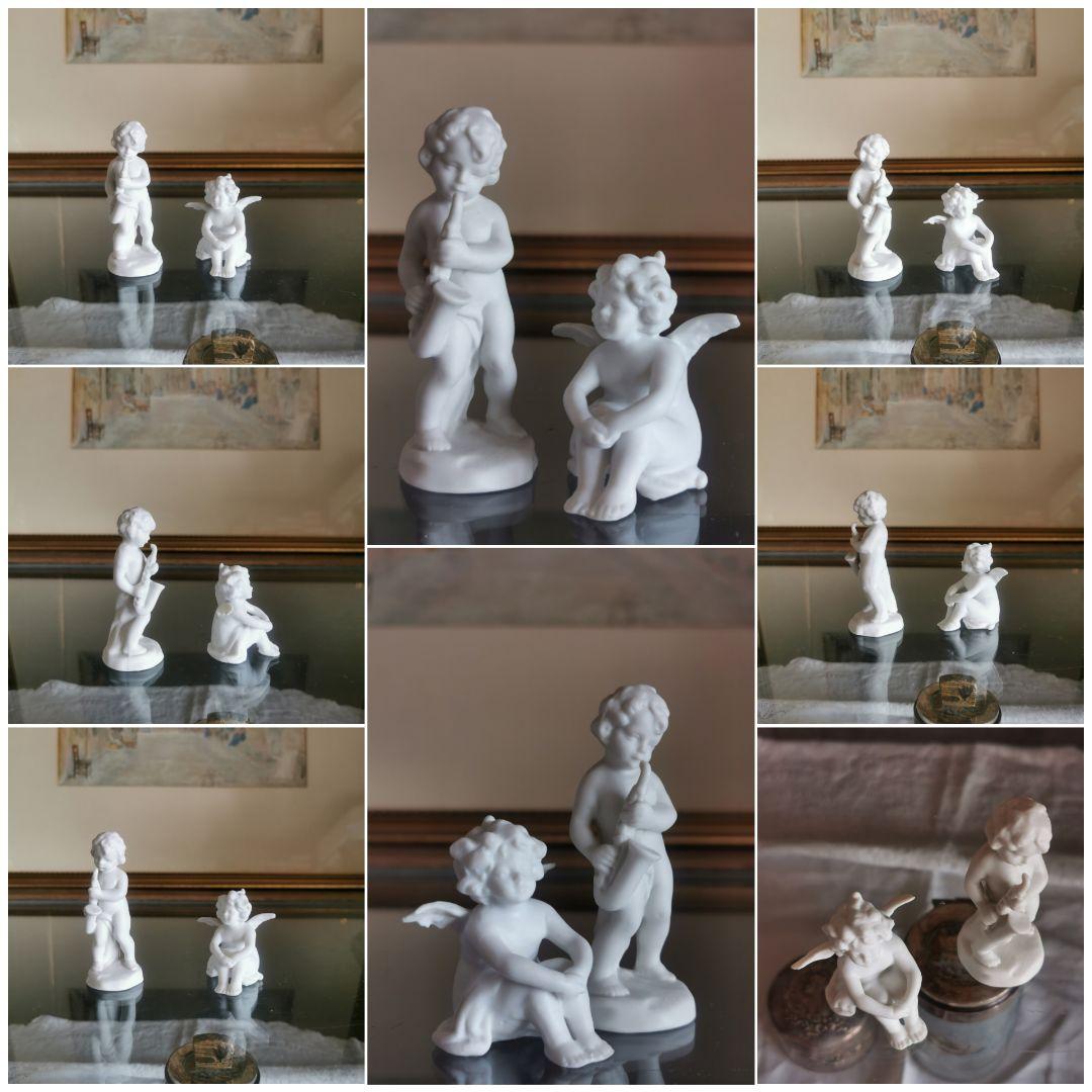 アンティークドイツフィギュリン 二体セット サクソフォンを吹く子供＆膝を抱く天使