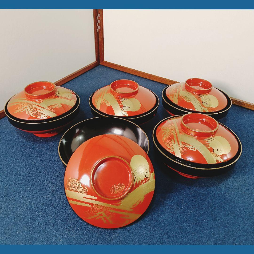 AM53 会津 朱椀 松鶴図 金蒔絵 縁金 五客 蓋付吸物椀