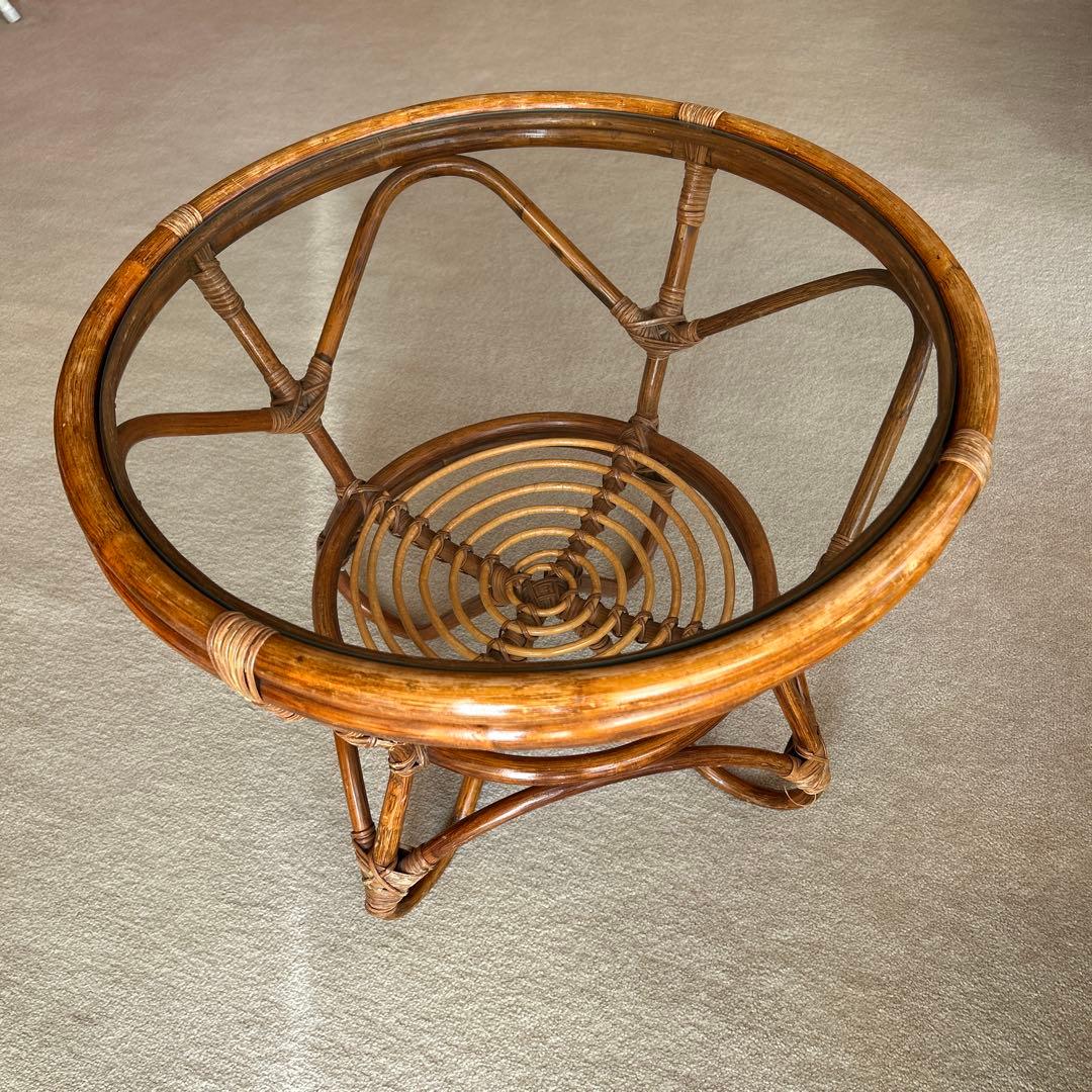 ラタン 円形センターテーブル 直径57cm 高さ44cm ガラス直径52cm