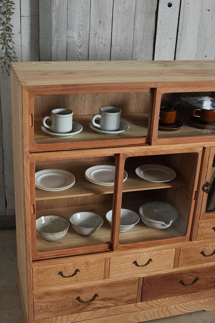 古い木枠のガラス戸棚　木製引き出し6杯　食器棚　本棚　キャビネット　古家具