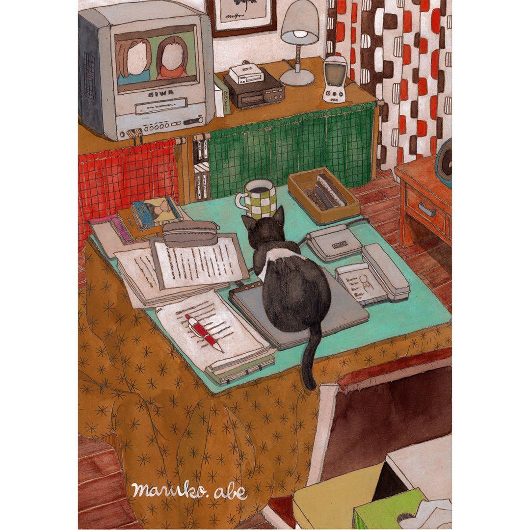 《送料無料》原画「こたつの猫」猫イラスト 水彩画