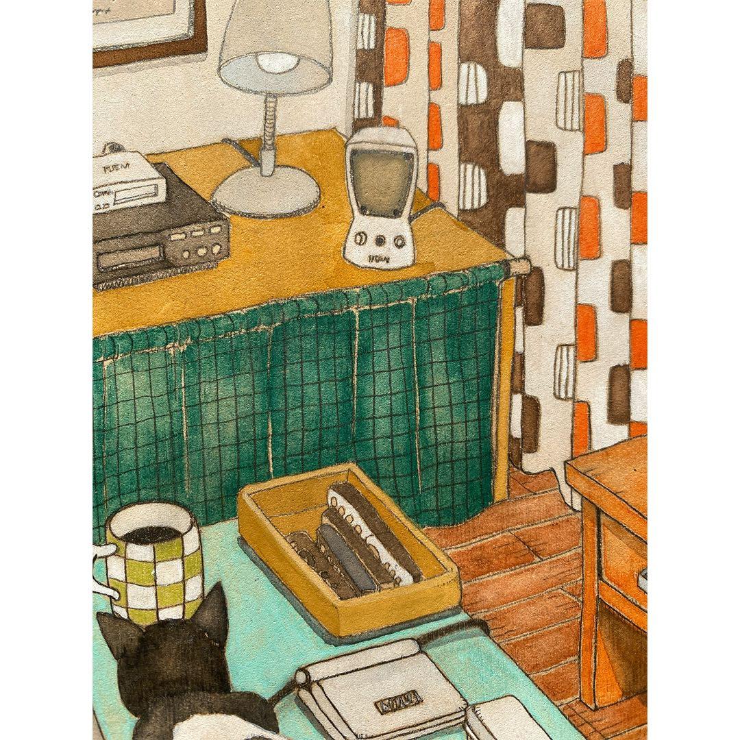 《送料無料》原画「こたつの猫」猫イラスト 水彩画