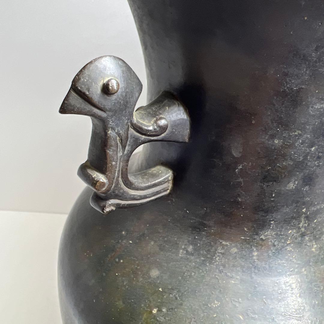 中国清時代　鳥耳付古銅花瓶　高さ約33.5㎝　3462g 東Y7-1106☆2F