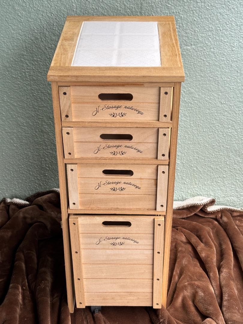 桐材 木製キャスター付き収納ラック 4段