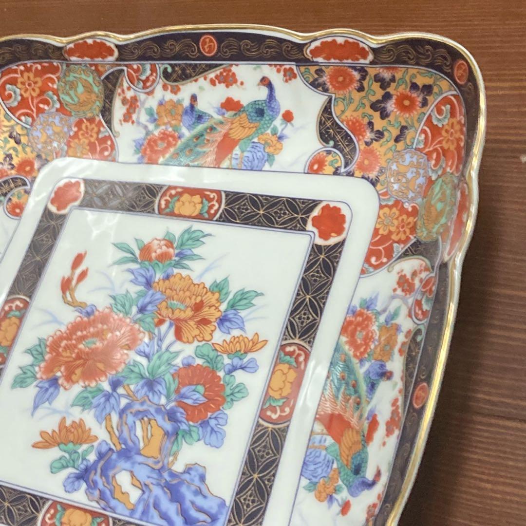 有田焼　丸五謹製　孔雀　牡丹　大皿　四角　ヴィンテージ　日本製