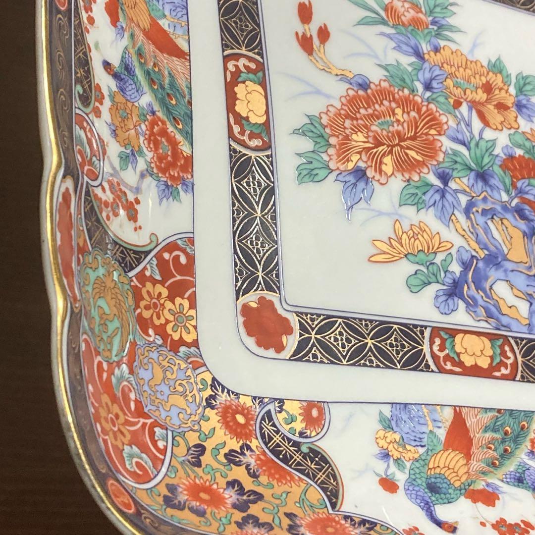 有田焼　丸五謹製　孔雀　牡丹　大皿　四角　ヴィンテージ　日本製