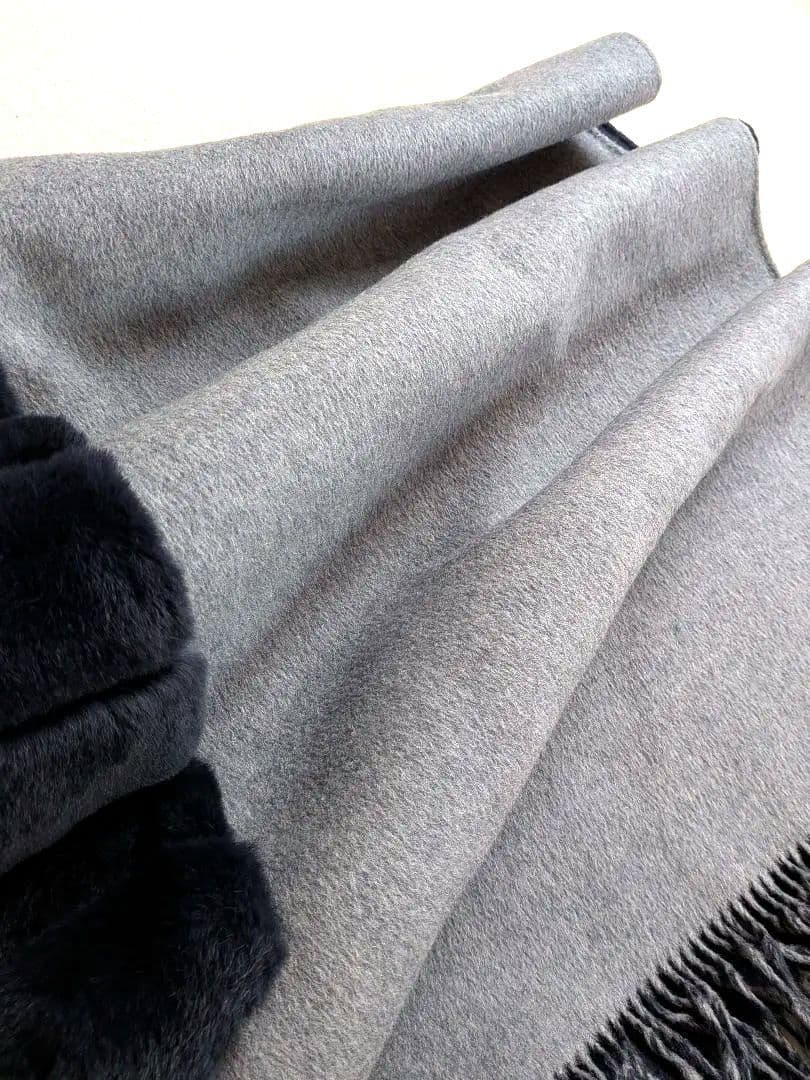 リナージオ　最高級　ファー付き大判ストール　リバーシブル　カシミヤ混