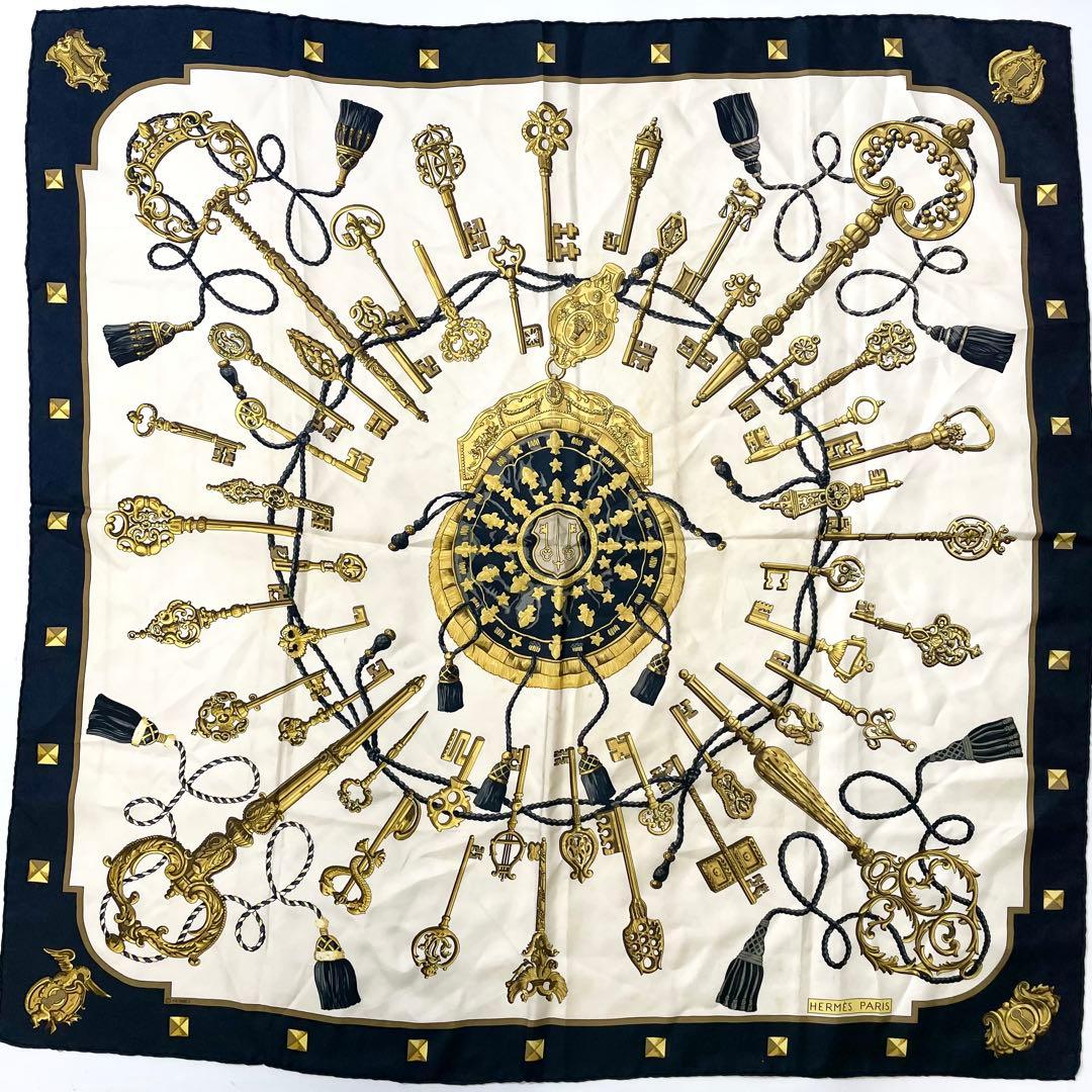 エルメス　シルク　89cm スカーフ　ネイビー　M