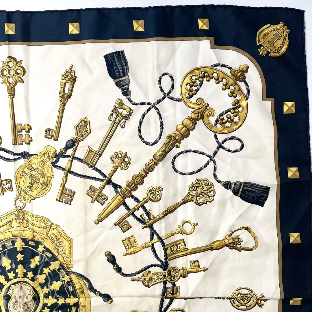 エルメス　シルク　89cm スカーフ　ネイビー　M