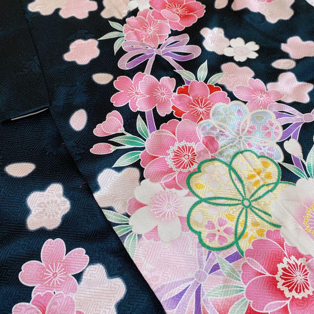 七五三 7歳 正絹 着物 帯 バッグ 草履 小物 フルセット 黒×赤