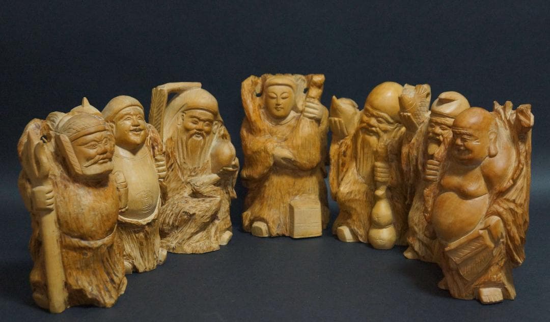 専用柘植細工彫り 一刀彫り『七福神』7体セット 荒彫り黄楊木縁起物総重4.8kg