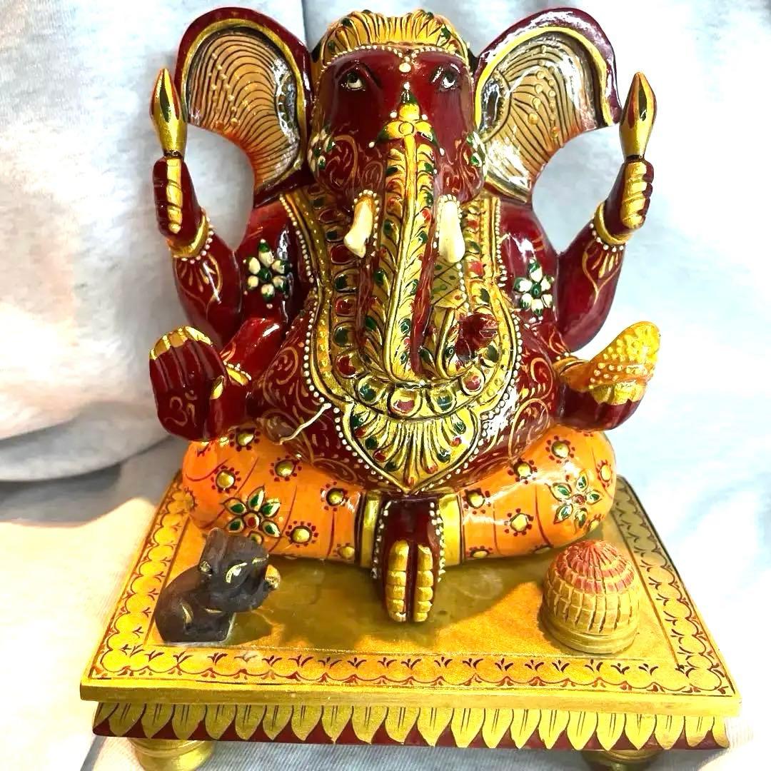 【呪物】ガネーシャ像 赤と金 約20cm インテリア置物