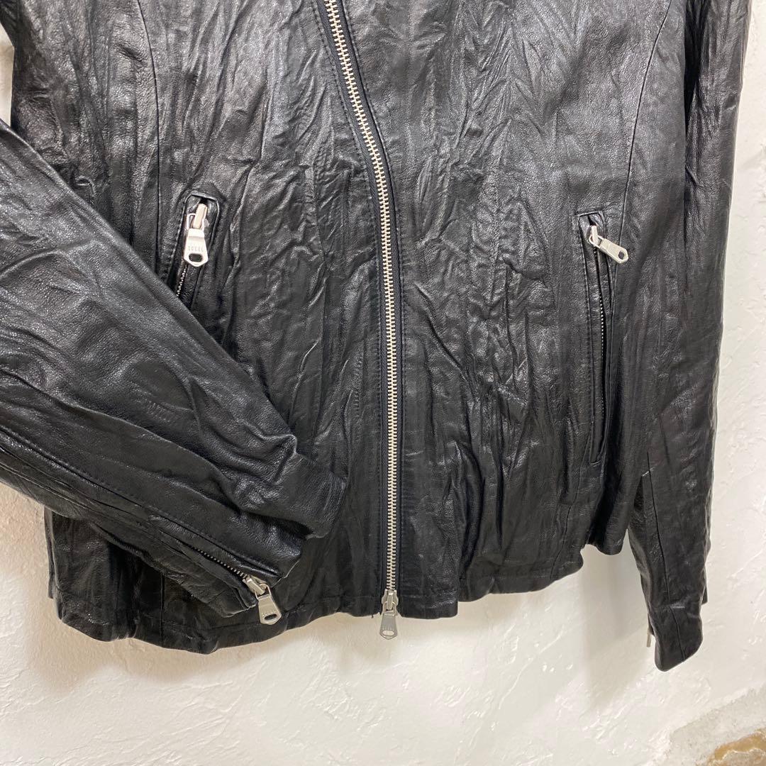 美品豚革　黒 シワ加工フード付き レザーシングルライダース　L