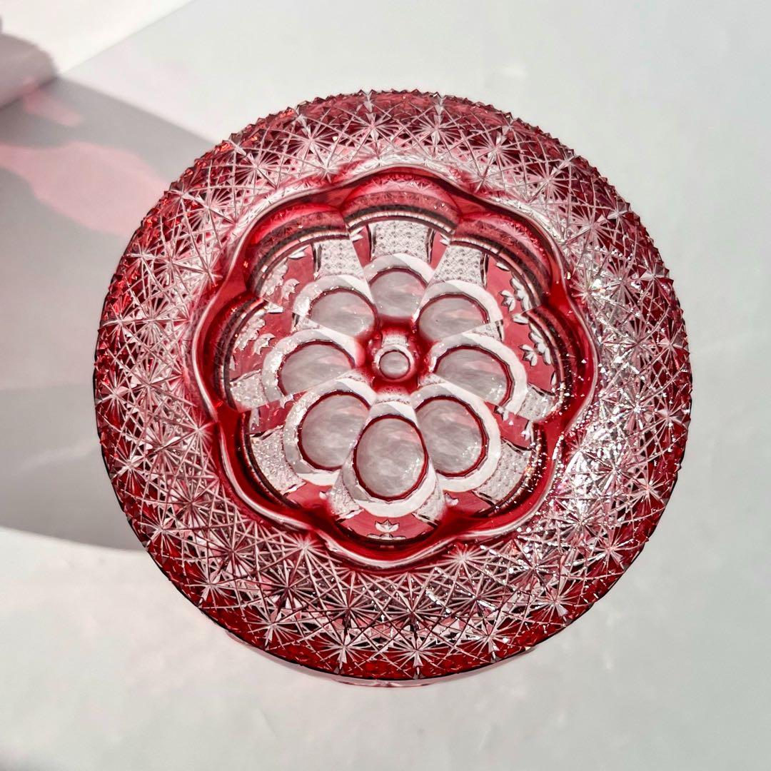 カガミクリスタル 伝統工芸士 篠崎清一 江戸切子 金赤被切子蓋物 KAGAMI