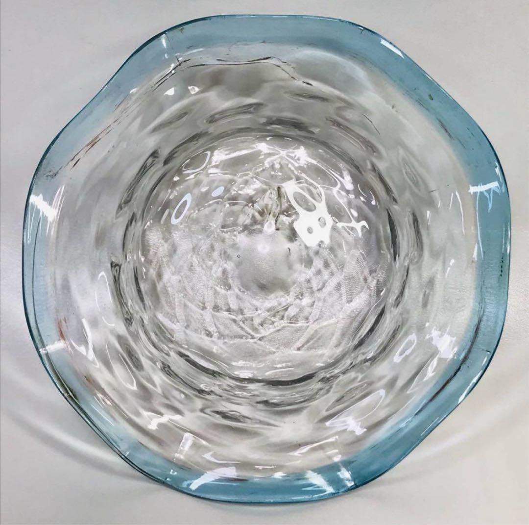 ★明治ガラス/和ガラス！綺麗な青縁鉢/気泡ガラス/氷ガラス★