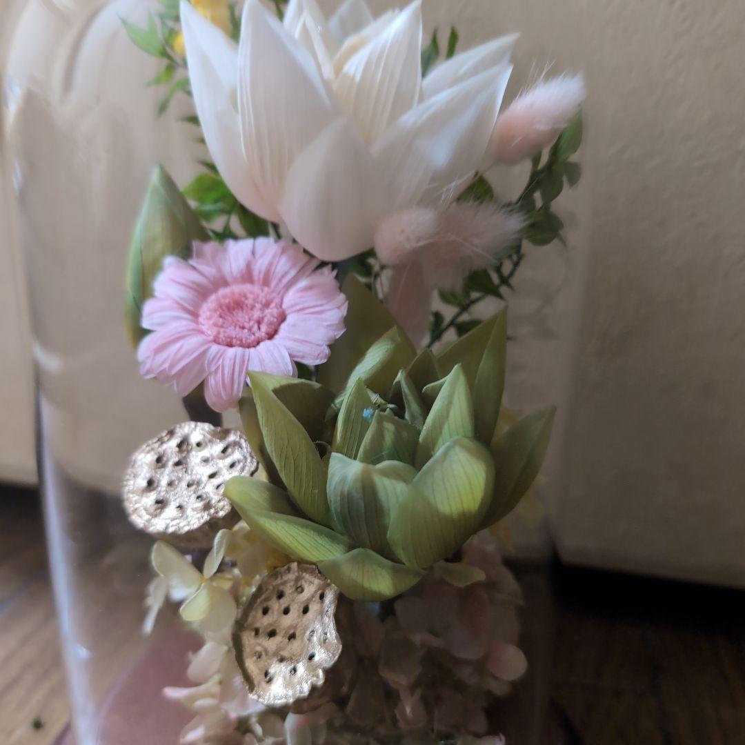 特選仏花　お供え花　蓮の花　清らかな心　ガラスドーム特大　プリザーブドフラワー