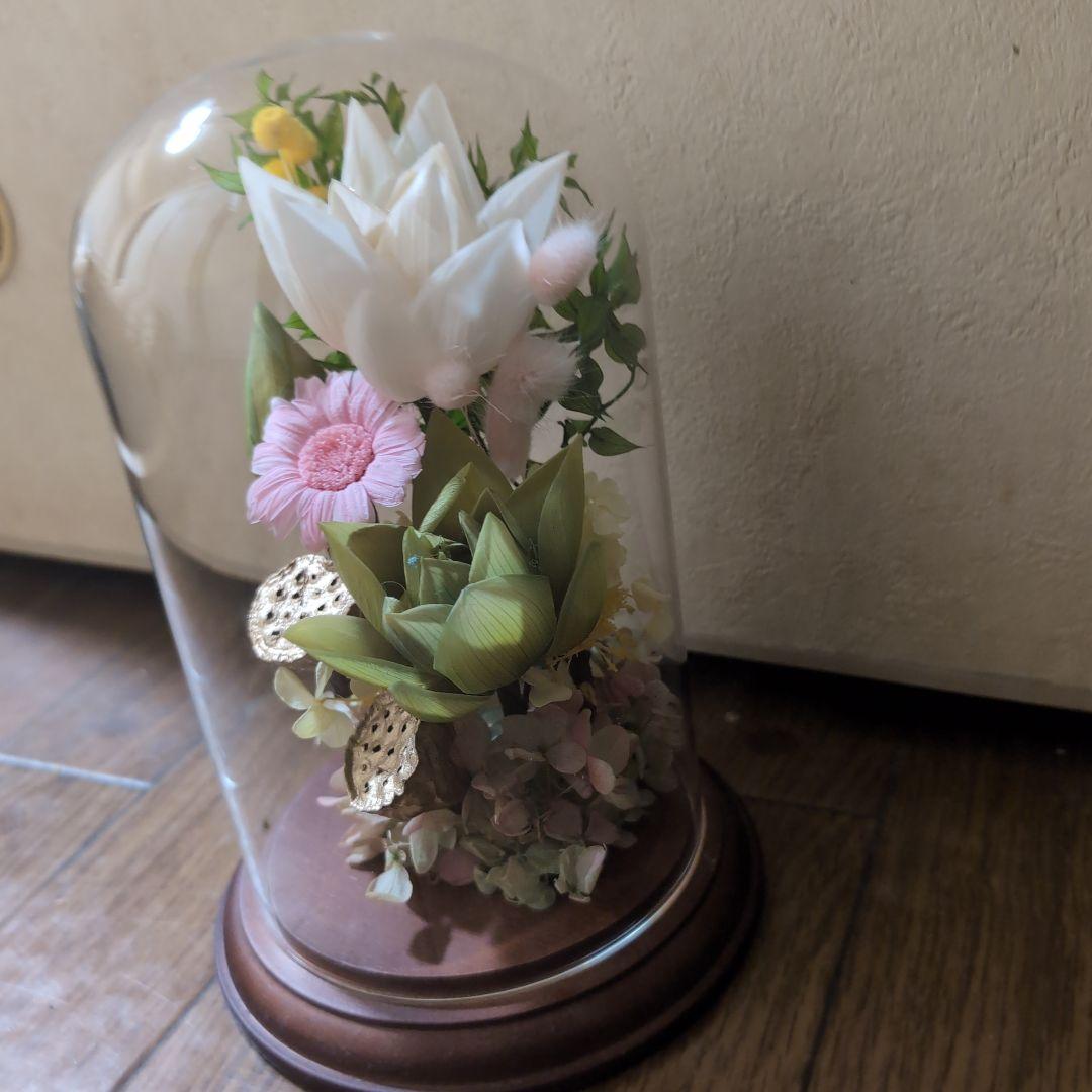特選仏花　お供え花　蓮の花　清らかな心　ガラスドーム特大　プリザーブドフラワー