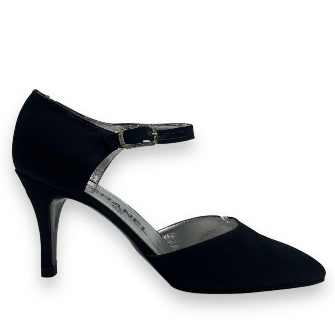 美品■シャネル　サテン地　パンプス　ブラック　ココマーク　アンクルストラップ