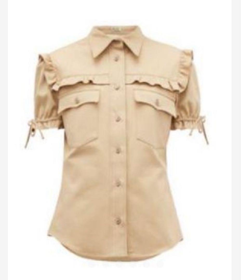 美品　ミュウミュウ　カーゴフリルシャツ　リボン　ベージュ　38 半袖　前開き