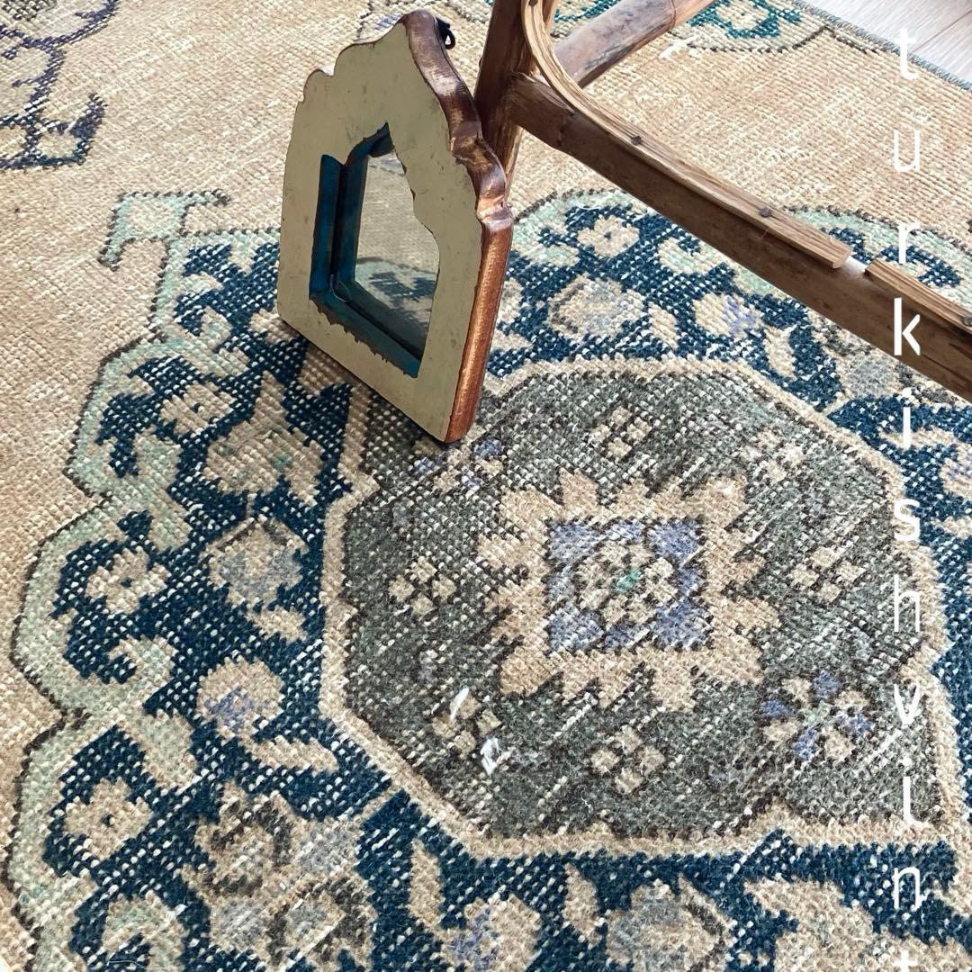 人気キャラメルベージュ68×208 ランナー　グリーン　トルコヴィンテージラグ