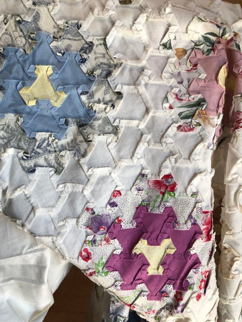 パッチワーク、ベットカバー、ヘキサゴン、キルトトップ