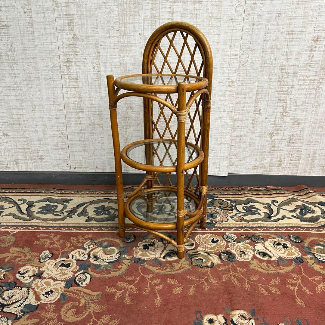 【アンティーク】籐 ラタン 3段 ガラス天板 ラック 飾り棚 収納棚 シェルフ