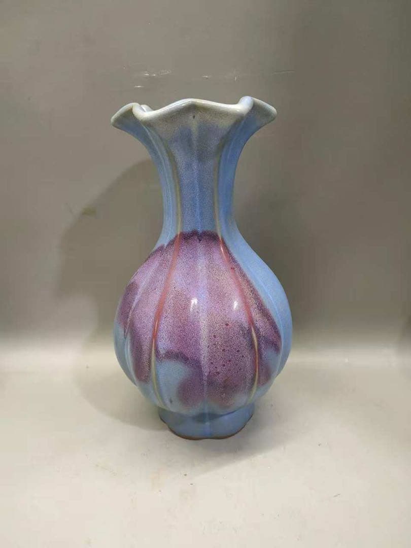 宋鈞磁瓜棱花口赏瓶 置物　陶芸　骨董品　古美術品　花瓶　逸品‼️