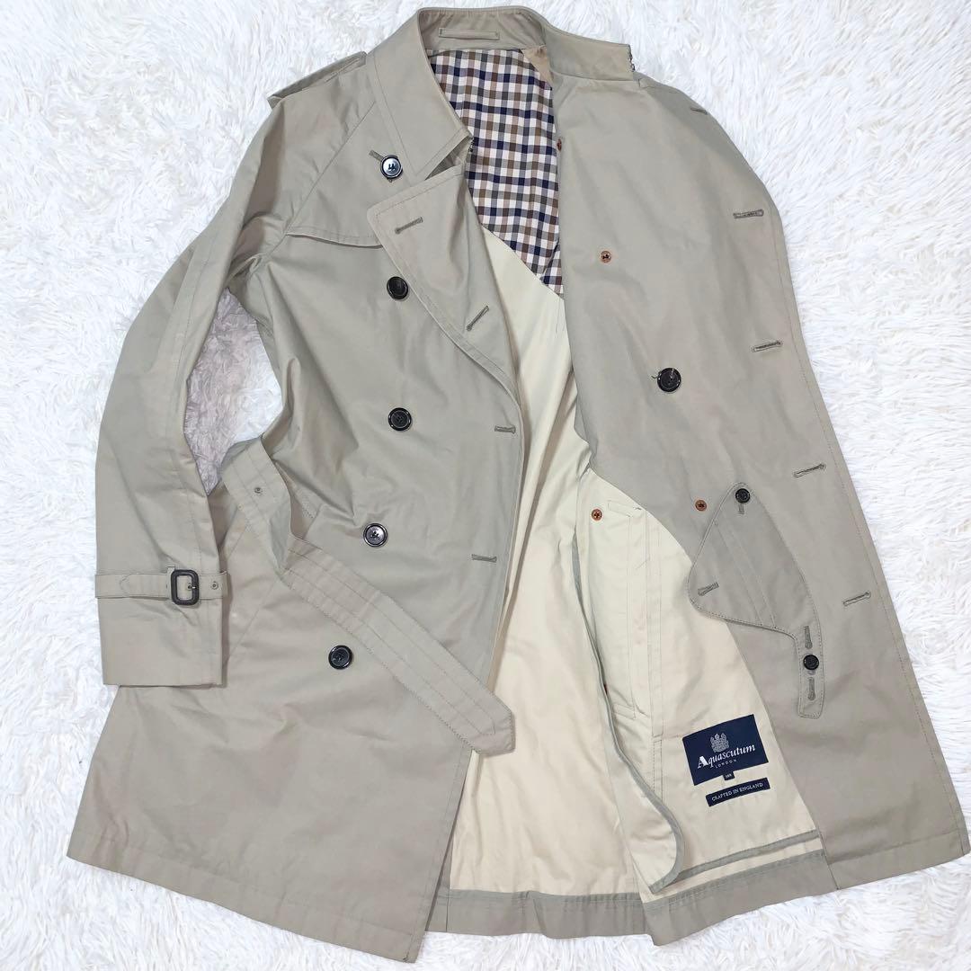 希少 英国製 アクアスキュータム トレンチコート チェック ベルト 撥水 L相当