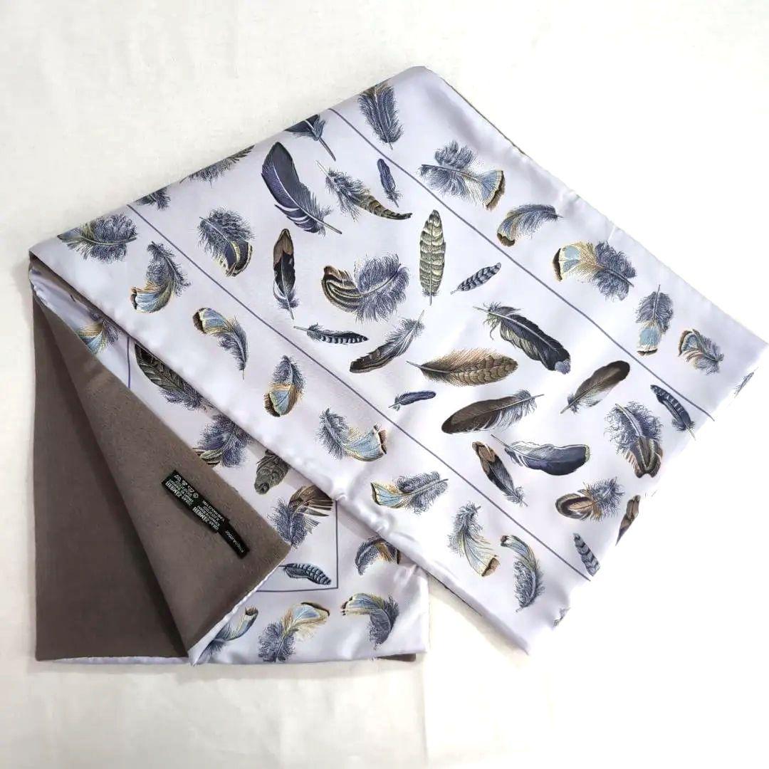 HERMES リバーシブル大判ショール シルク×アンゴラ 羽根柄 青灰 d112