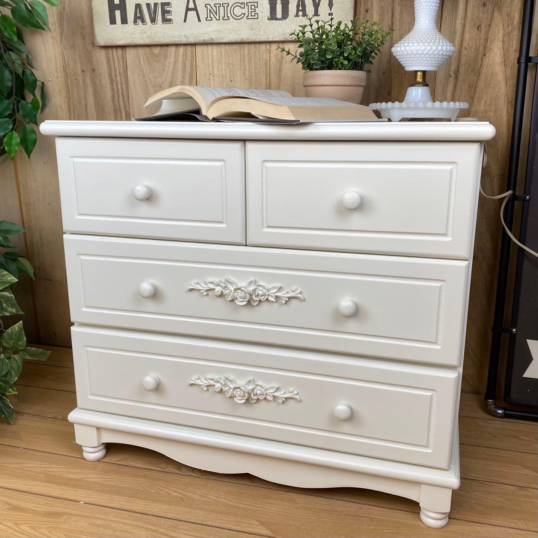 訳あり品！【119】フレンチ調ホワイトチェスト三段四つ引き木製収納家具姫系タンス