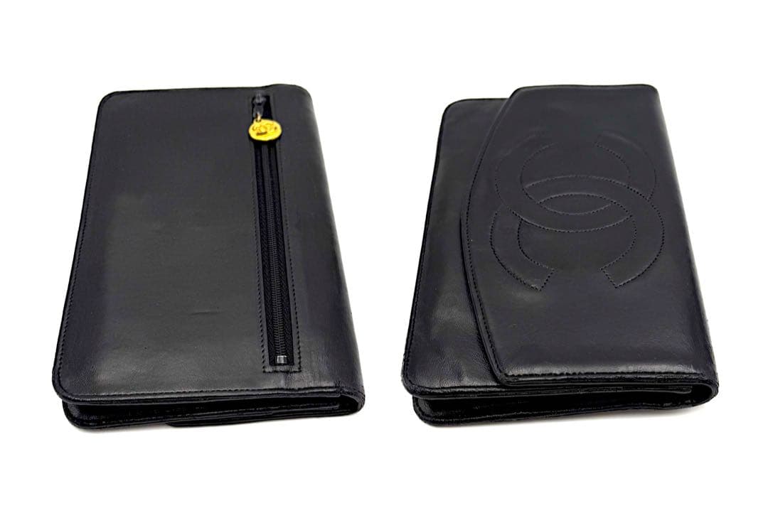 CHANEL 二つ折り ラムスキン デカココ 財布 ブラック　チェーン付
