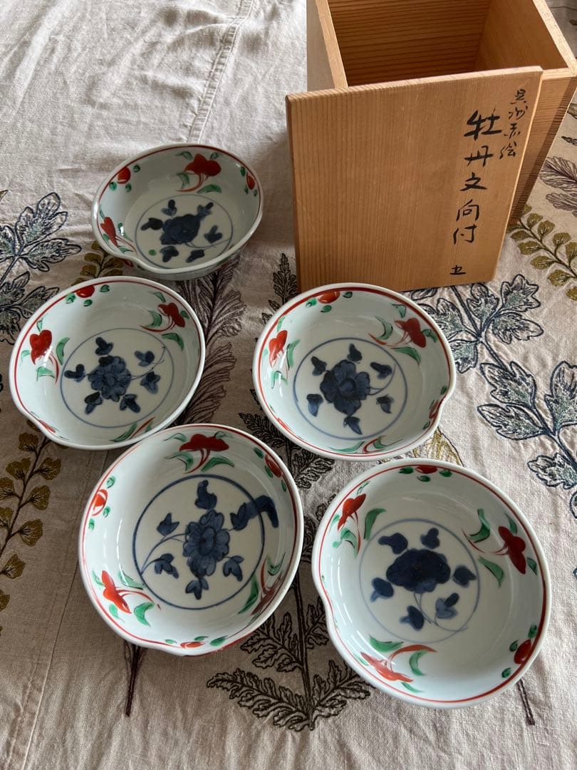 須田菁華　九谷焼　呉州赤絵牡丹文小鉢x 5客 共箱