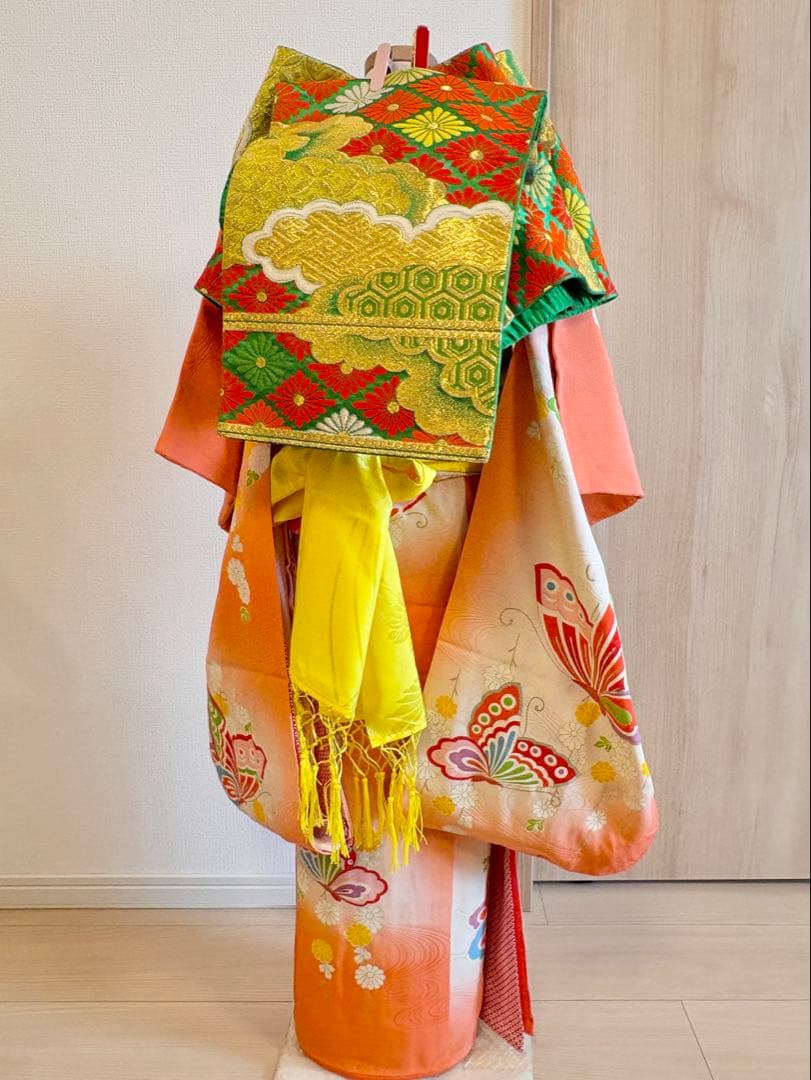 七五三 7歳祝い着セット 正絹 オレンジ 蝶 ヴィンテージ M2509081