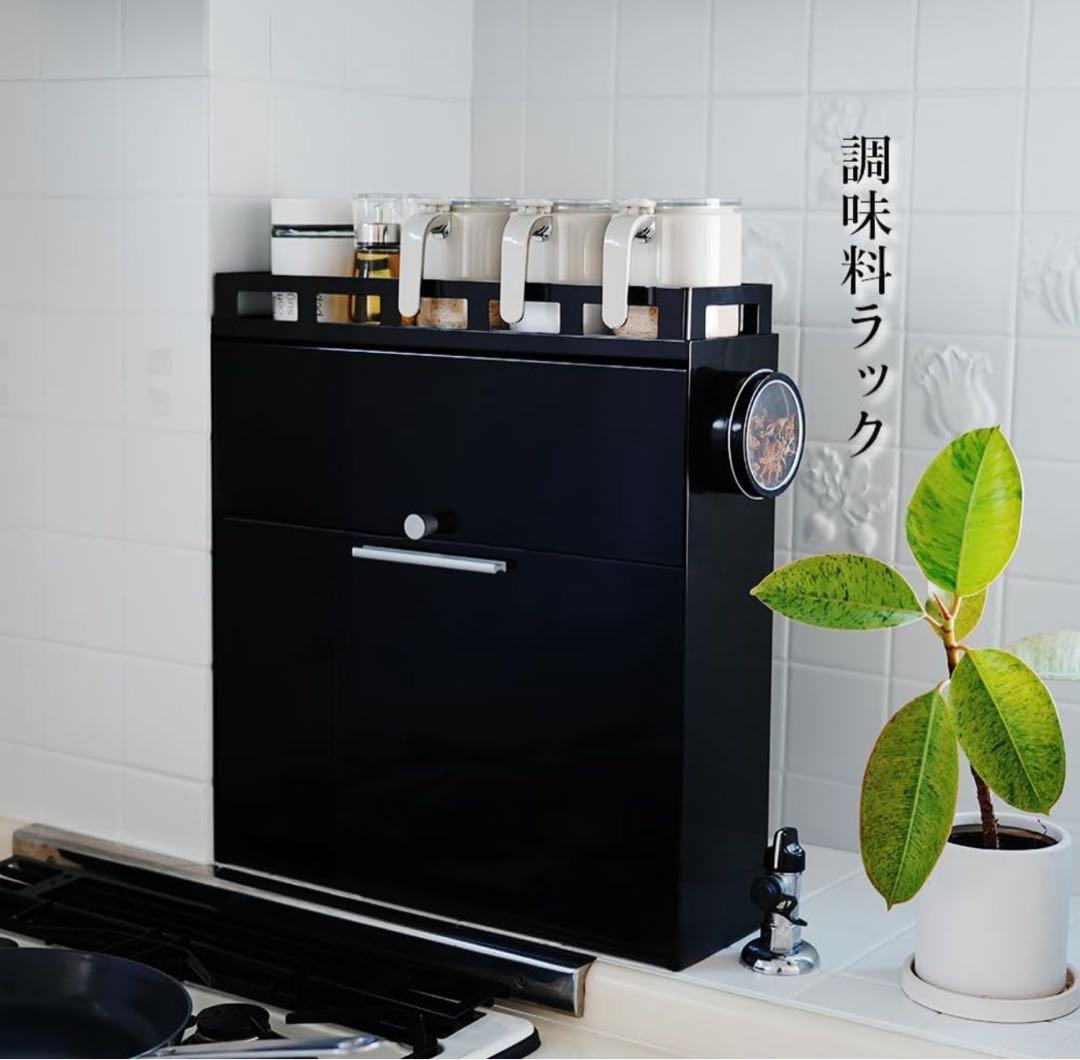 値下げ　アウトレット　隠せる調味料ラック 前が開く 完成品 (ブラック）