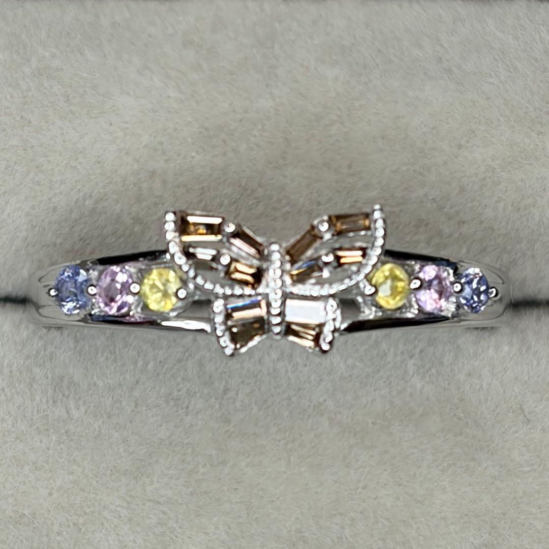 蝶モチーフ テーパードダイヤモンド　サファイア　18金　リング　19号