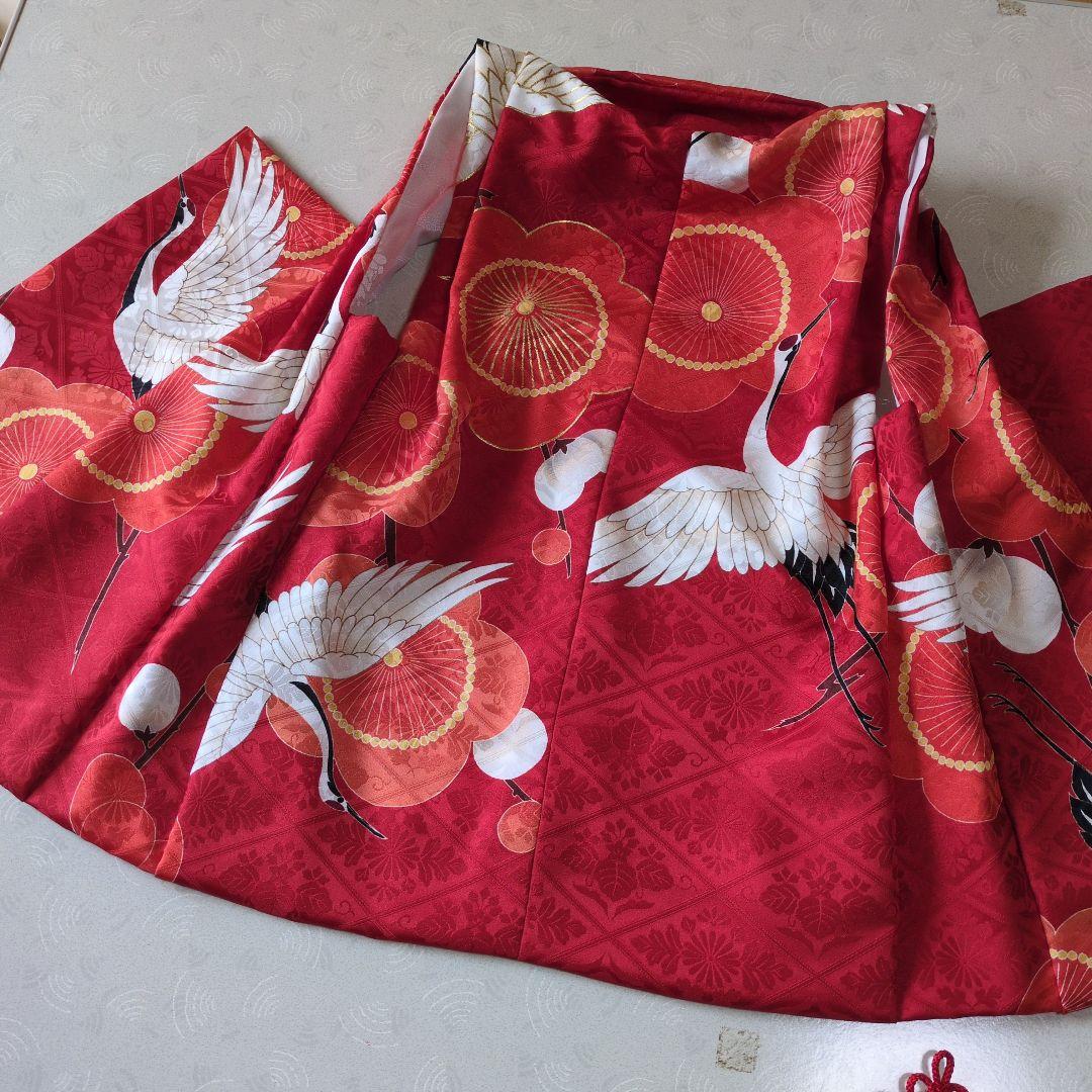 七五三３歳正絹手縫いの被布（中綿無し）赤色鶴柄