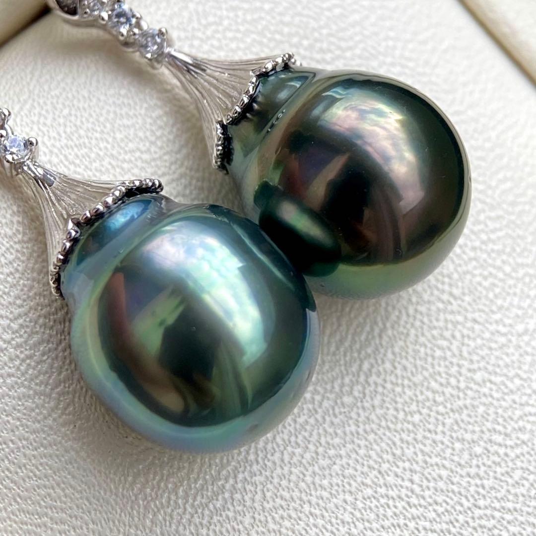 本真珠南洋黒蝶真珠グリーンブルー15×11.9㍉s925ピアスBL960