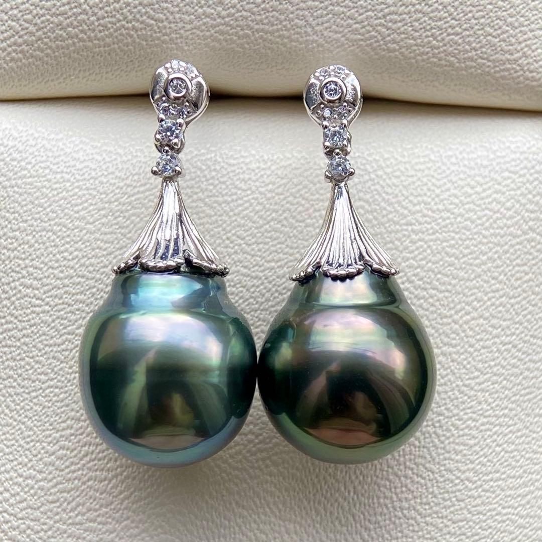 本真珠南洋黒蝶真珠グリーンブルー15×11.9㍉s925ピアスBL960