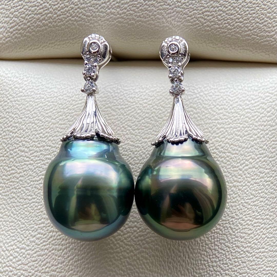 本真珠南洋黒蝶真珠グリーンブルー15×11.9㍉s925ピアスBL960