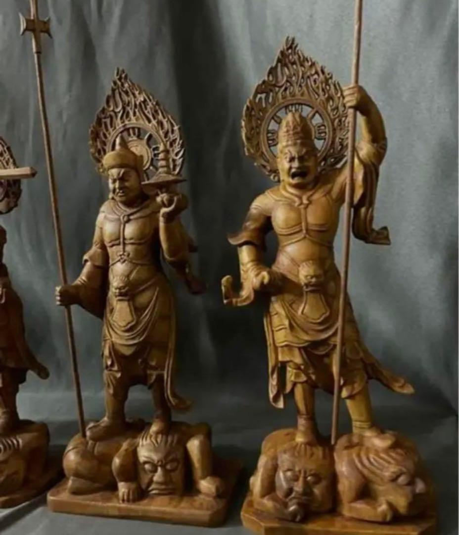総柘植材　仏教工芸品　時代彫刻　一刀彫　極上彫　木彫仏像　四天王立像