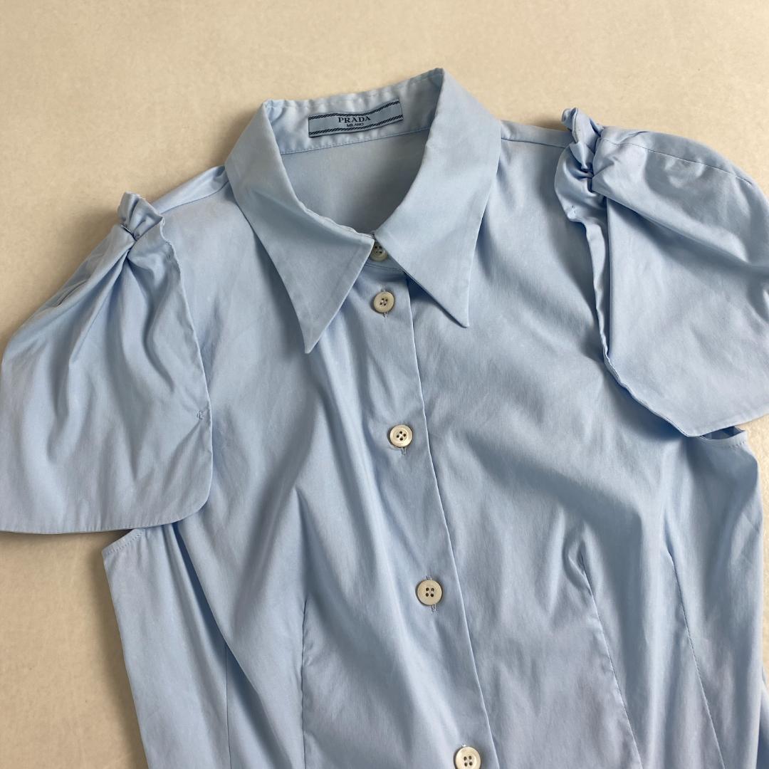 プラダ　半袖シャツ　パフスリーブ　ベイビーブルー PRADA ストレッチ 38