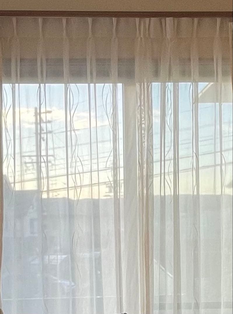 刺繍された波模様の白い薄手のカーテン, 3枚セット