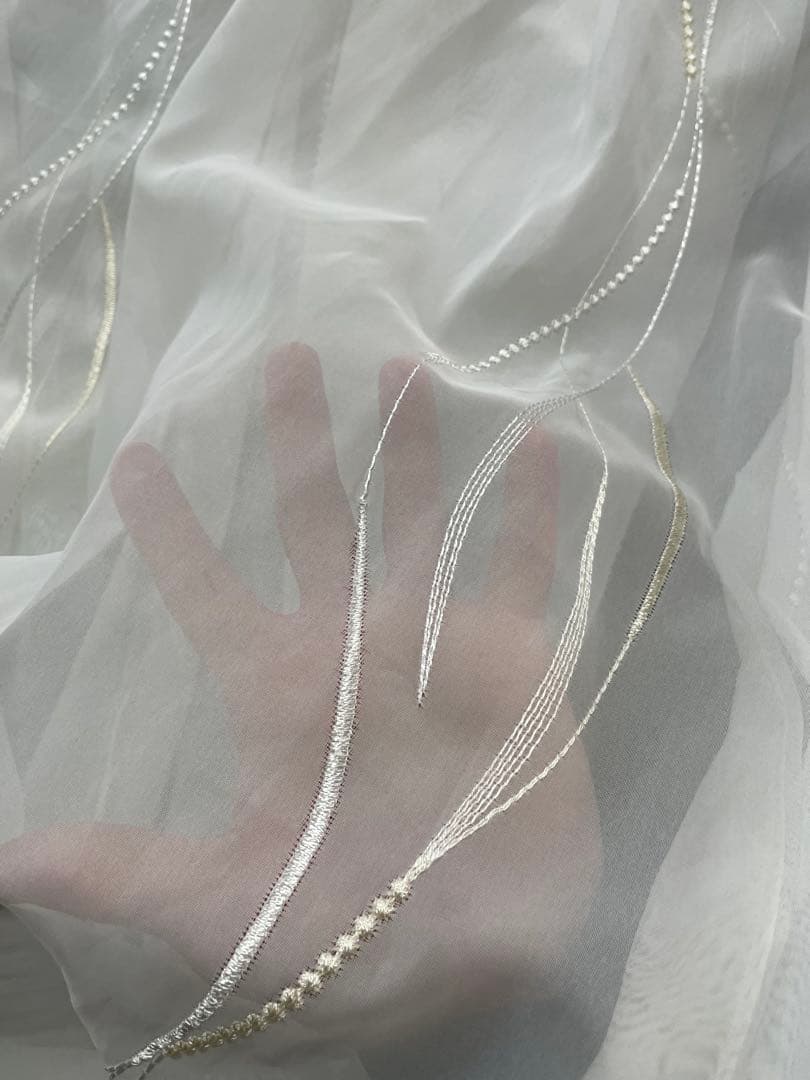 刺繍された波模様の白い薄手のカーテン, 3枚セット
