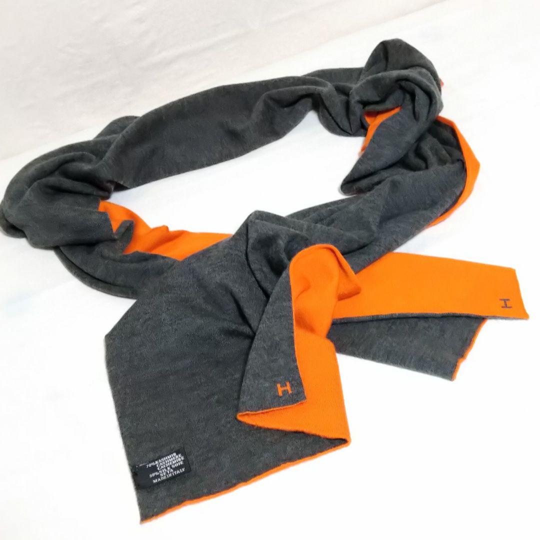 HERMES エルメスオレンジ Hロゴ カシミヤ シルク マフラー なめらか
