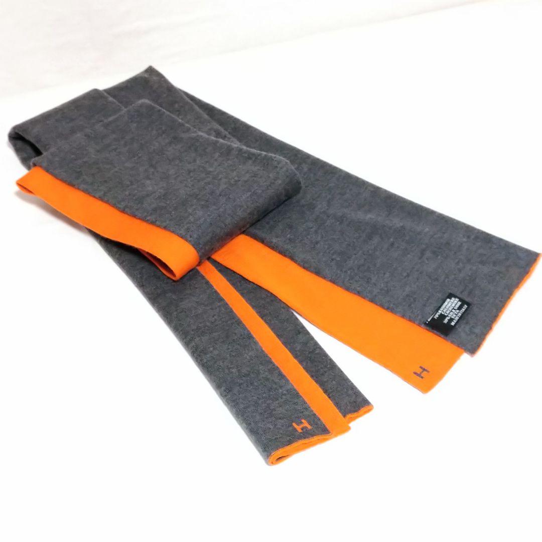 HERMES エルメスオレンジ Hロゴ カシミヤ シルク マフラー なめらか
