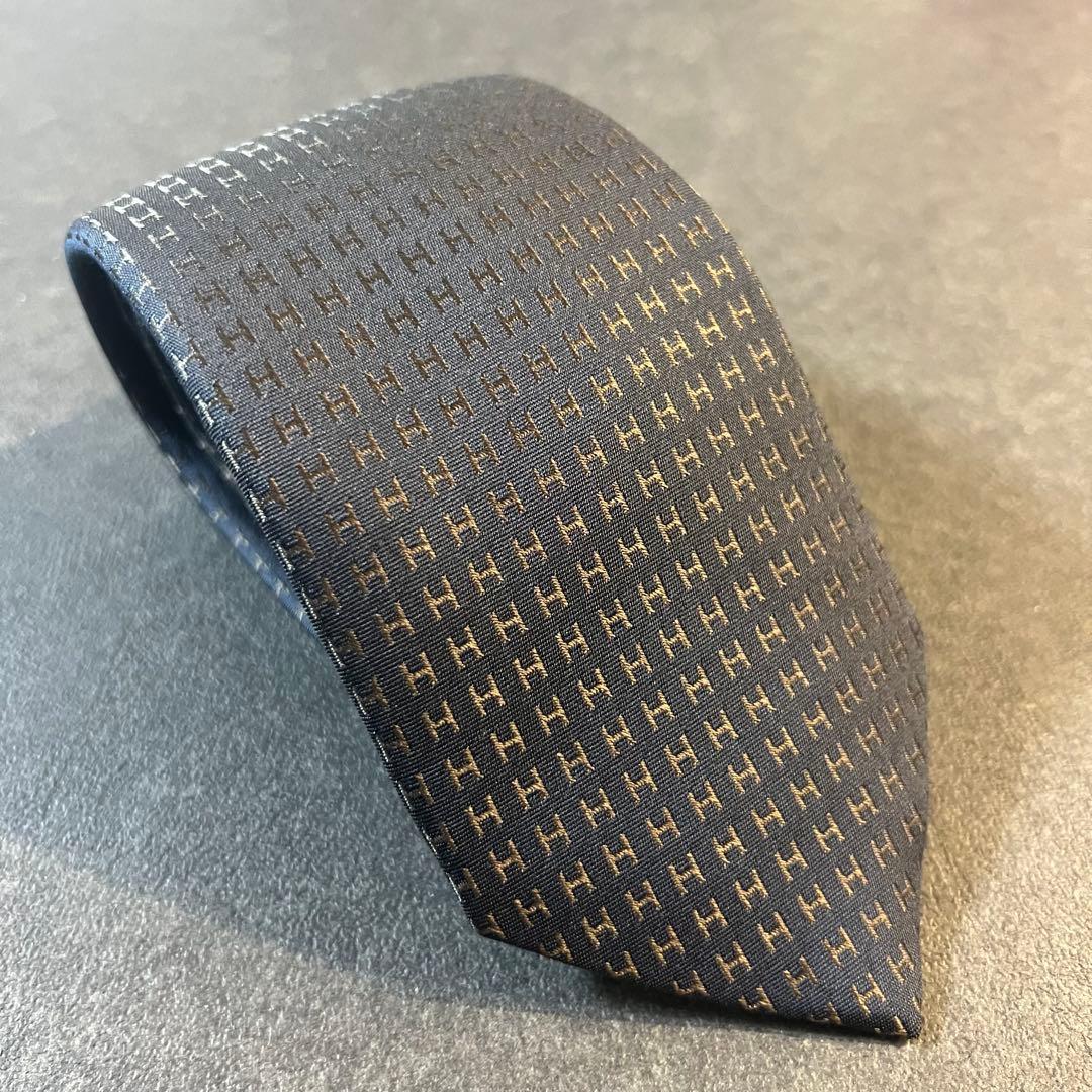 【美品】HERMES　エルメス　ネクタイ　ファソネ　H柄　ネイビー