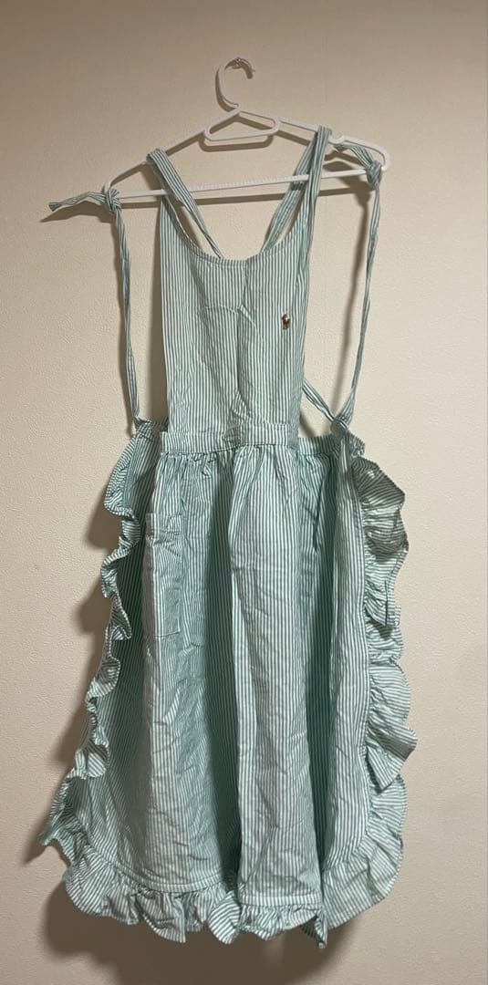 【ビンテージ】Ralph Lauranフリル付きエプロン 水色ストライプ