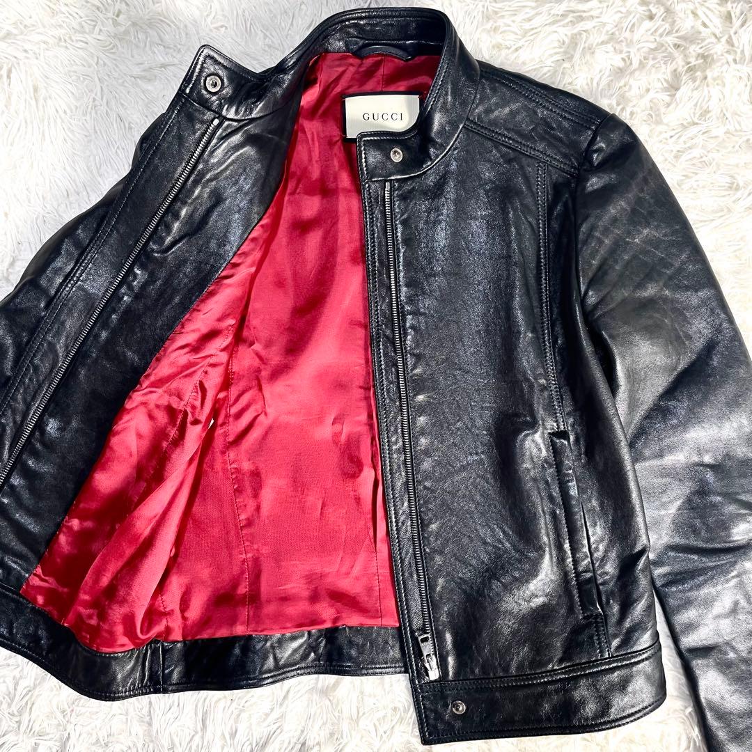 グッチ　GUCCI ラムレザージャケット　ブラック　黒　裏生地　赤　レッド