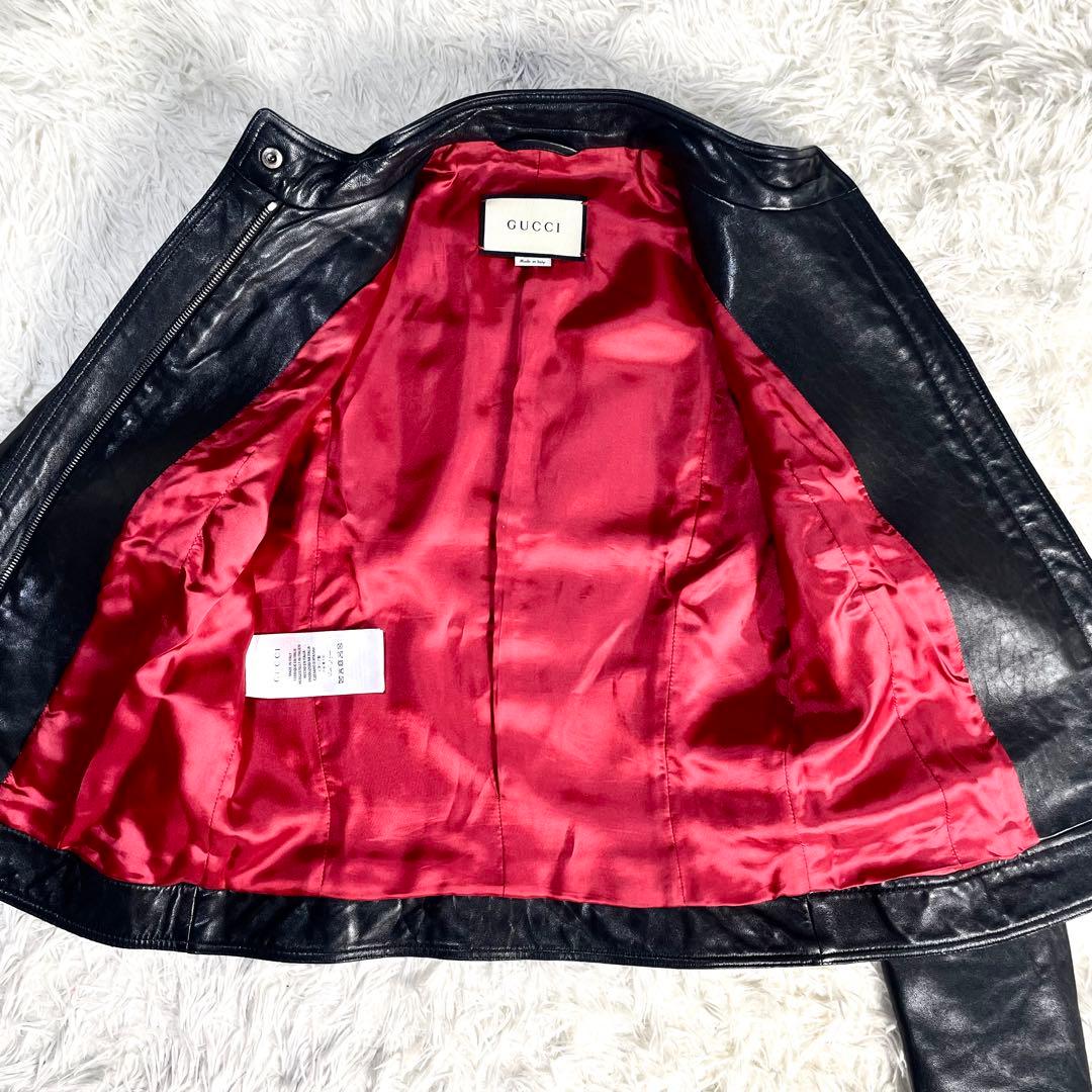 グッチ　GUCCI ラムレザージャケット　ブラック　黒　裏生地　赤　レッド