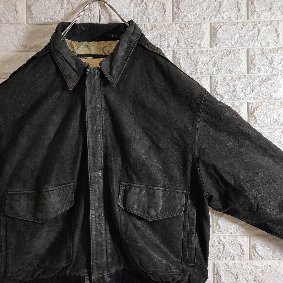 地図柄 裏地 A2 本革 フライトレザージャケット つや消し ブラック 2XL